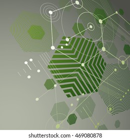 Bauhaus art dimensional composition, perspective green modular vector wallpaper with honeycombs. Retro style pattern, graphic backdrop for use as booklet cover template.