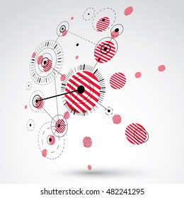 Bauhaus art dimensional composition, perspective red modular vector wallpaper with circles and grid. Retro style pattern, graphic backdrop for use as booklet cover template.