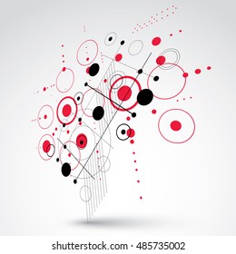 Bauhaus art dimensional composition, perspective red modular vector wallpaper with circles and grid. Retro style pattern, graphic backdrop for use as booklet cover template.