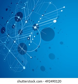 Bauhaus art dimensional composition, perspective blue modular vector wallpaper with circles and grid. Retro style pattern, graphic backdrop for use as booklet cover template.