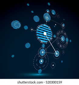 Bauhaus art dimensional composition, perspective blue modular vector wallpaper with circles and grid. Retro style pattern, graphic backdrop for use as booklet cover template.