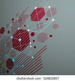 Bauhaus art dimensional composition, perspective red modular vector wallpaper with honeycombs. Retro style pattern, graphic backdrop for use as booklet cover template.