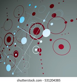 Bauhaus art dimensional composition, perspective red modular vector wallpaper with circles and grid. Retro style pattern, graphic backdrop for use as booklet cover template.