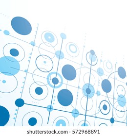 Bauhaus art dimensional composition, perspective blue modular vector wallpaper with circles and grid. Retro style pattern, graphic backdrop for use as booklet cover template.