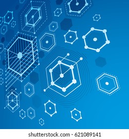 Bauhaus art dimensional composition, perspective blue modular vector wallpaper with honeycombs. Retro style pattern, graphic backdrop for use as booklet cover template.