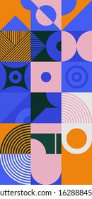 Bauhaus art inspired abstract vector pattern made with simple geometric shapes and forms. Bold form graphic design, useful for web art, invitation cards, posters, prints, textile, backgrounds.