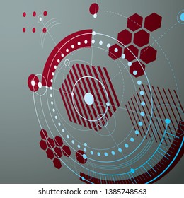 Bauhaus art, perspective modular vector wallpaper made using circles and lines. Retro style red pattern, graphic backdrop for use as booklet cover template. Illustration of engineering system.