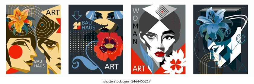 Bauhaus art posters. Woman portrait abstract design. Creative female faces. Party template exhibition. Geometric line shapes and paint flowers. Music botanical artwork. Vector trendy floral cards set