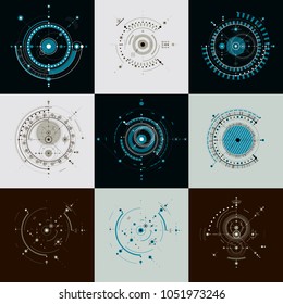 Bauhaus art, set of decorative modular vector wallpapers made using circles. Retro style pattern, graphic backdrops for use as booklet cover templates. Illustration of engineering system.
