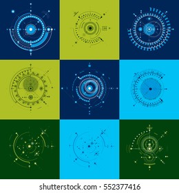Bauhaus art, set of decorative modular vector wallpapers made using circles. Retro style pattern, graphic backdrops for use as booklet cover templates. Illustration of engineering system.
