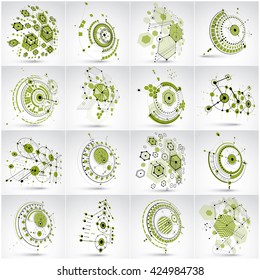 Bauhaus art, set of modular vector wallpapers made using circles and hexagons. Retro style pattern, perspective backdrops for use as booklet cover templates. 3d illustration of engineering system.