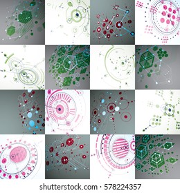 Bauhaus art, set of modular vector wallpapers made using circles and hexagons. Retro style pattern, perspective backdrops for use as booklet cover templates. 3d illustration of engineering system.