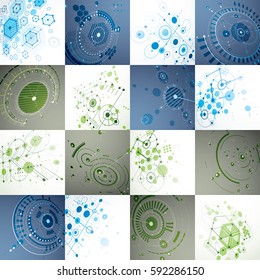 Bauhaus art, set of modular vector wallpapers made using circles and hexagons. Retro style pattern, perspective backdrops for use as booklet cover templates. 3d illustration of engineering system.