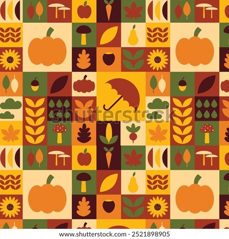 Bauhaus autumn background, pattern, geometrical, retro, pumpkin, leaves, sunflower, mushrom, apple, pear, carrot, rain, season, wallpaper, texture, fabric, wrapping paper, abstract, flat style. 