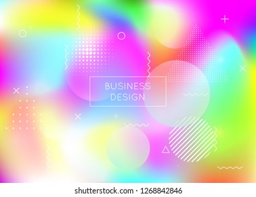 Bauhaus background with liquid shapes. Dynamic holographic fluid with gradient memphis elements. Graphic template for brochure, banner, wallpaper, mobile screen. Pearlescent bauhaus background.