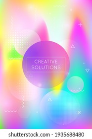 Bauhaus background with liquid shapes. Dynamic holographic fluid with gradient memphis elements. Graphic template for book, annual, mobile interface, web app. Fluorescent bauhaus background.