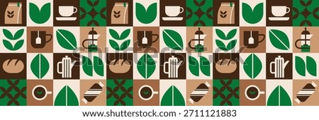 Bauhaus bakery pattern with tea teapot tumbler and leaf mosaic. Backgrounds for cafe menus, websites, and social media.