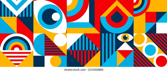 Bauhaus banner minimal 20s geometric style with geometry figures and shapes circle, triangle. square. Human psychology and mental health concept illustration. Vector 10 eps