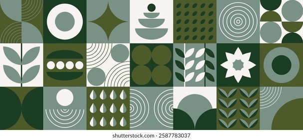 Bauhaus banner with natural shapes of plants and geometric figures and symbols. Retro banner with petals and flowers. Vector illustration.