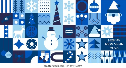 Bauhaus blue silhouette geometric pattern, background Merry Christmas and Happy New Year. Flat geometric illustration