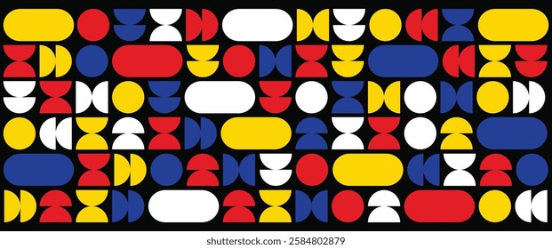 Bauhaus Brutalist Abstract Retro Poster Design. Minimalist Geometric Composition with High-Contrast Shapes, Typography, and Structured Patterns. Modernist Aesthetic for Graphic Design and Digital Art.