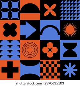 Bauhaus brutalist geometrical colorful seamless pattern. Vector abstract minimal shapes retro background