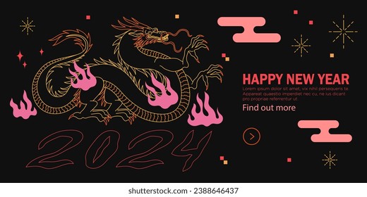 Bauhaus chinese 2024 new year banner with simple modern geometric shapes, forms and outline dragon portrait. Bold form graphic design for calendar header, greetings cards, posters, print, backgrounds.
