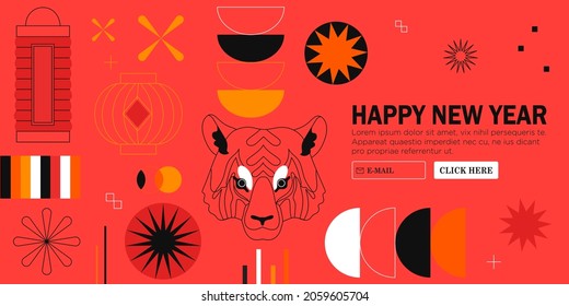 Bauhaus chinese new year banner with simple geometric shapes, paper lantern and tiger portrait. Meta modern or swiss graphic design for website, greetings cards, covers, posters on red background.