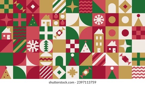 Bauhaus Christmas holiday geometric pattern. Seamless wallpaper, Christmas celebration print or winter season festive design cover. Retro vector ornament, fabric minimal backdrop with Bauhaus shapes