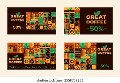 Bauhaus Coffee cards with seamless patterns, Icons, Abstract Symbols, logo, text in Geometric Design