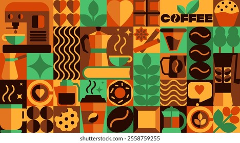 Bauhaus Coffee Pattern with Icons and Abstract Symbols, Beans, Cups, and More in Geometric Vector 