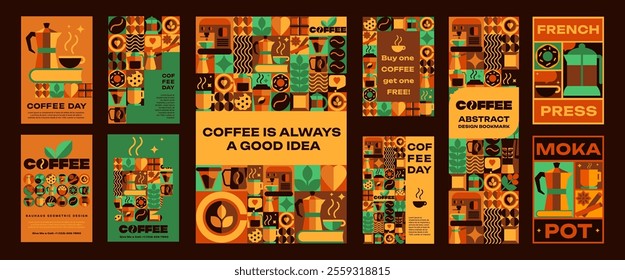 Bauhaus Coffee posters, banners, bookmarks with seamless patterns, Icons in Geometric Vector