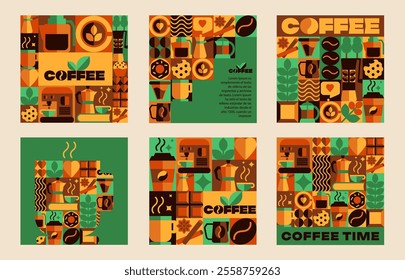 The Bauhaus Coffee square banners with seamless patterns, Icons, Abstract Symbols in Geometric 