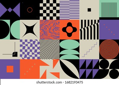 Bauhaus composition artwork made with vector abstract elements, lines and bold geometric shapes, useful for website background, poster art design, magazine front page, banners, prints cover.