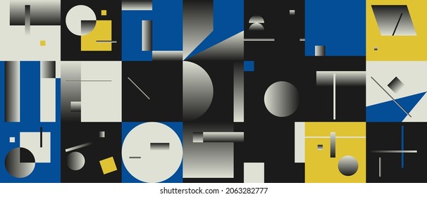 Bauhaus composition artwork made with vector abstract elements, lines and bold geometric shapes, useful for website background, poster art design, magazine front page, banners, prints cover.