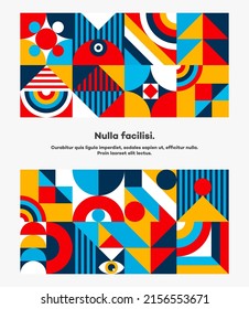 Diseño de la cubierta Bauhaus vectorial 20s estilo geométrico mínimo con figuras geométricas y formas circulo, triángulo. cuadrado. Ilustración del concepto de psicología humana y salud mental. 10 pasos