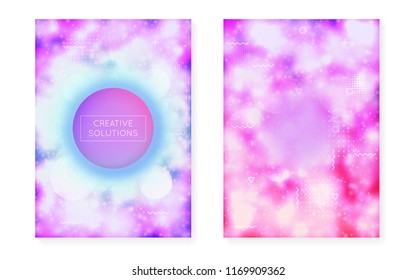 Bauhaus cover set with liquid shapes. Neon luminous  background with fluorescent purple. Graphic template for placard, presentation, banner, brochure. Shiny bauhaus cover set.