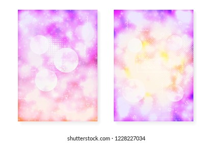 Bauhaus cover set with liquid shapes. Neon luminous  background with fluorescent purple. Graphic template for placard, presentation, banner, brochure. Shiny bauhaus cover set.