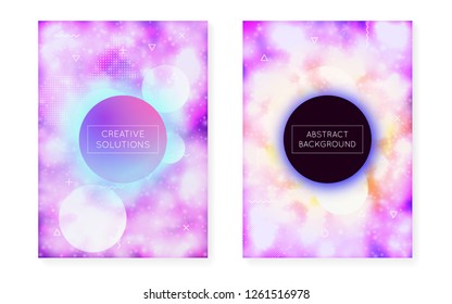 Bauhaus cover set with liquid shapes. Neon luminous  background with fluorescent purple. Graphic template for placard, presentation, banner, brochure. Futuristic bauhaus cover set.