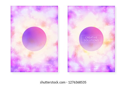 Bauhaus cover set with liquid shapes. Neon luminous  background with fluorescent purple. Graphic template for flyer, ui, magazine, poster, banner and app. Trendy bauhaus cover set.