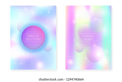 Bauhaus cover set with liquid shapes. Dynamic holographic fluid with gradient memphis background. Graphic template for brochure, banner, wallpaper, mobile screen. Neon bauhaus cover set.