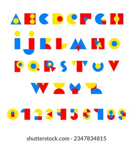Fuente creativa, números y letras del diseñador Bauhaus. Dibujo de tipo de impresión geométrica artística en círculos azules, rojos y amarillos, triángulo y cuadrado. Alfabeto estilizado