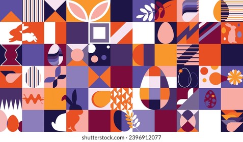  Bauhaus Easter holiday abstract geometric pattern, wallpaper, web, banner. Happy Easter celebration print  festive  design cover with rabbit, easter bunny and eggs. Retro vector Bauhaus ornament