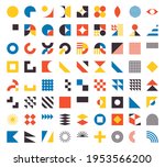 Bauhaus elements. Modern geometric abstract shapes in minimal style. Brutalism basic forms, lines, eye, circles and patterns, art vector set. Colorful figures and dots simple design