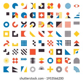 Bauhaus elements. Modern geometric abstract shapes in minimal style. Brutalism basic forms, lines, eye, circles and patterns, art vector set. Colorful figures and dots simple design - Shutterstock ID 1953566200