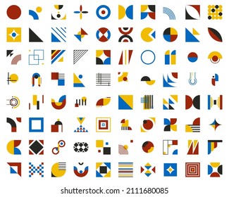 Bauhaus elements. Modern geometric abstract shapes. Bauhaus basic forms, lines, circles, triangles and squares. Blue, red, yellow and black colors. Minimal style vector illustration