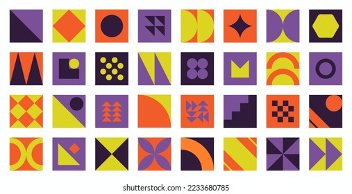Bauhaus-Elemente. Moderne geometrische abstrakte Formen im minimalen Stil. Brutalismus grundlegende Formen, Linien, Auge, Kreise und Muster, Kunst Vektorset. Farbige Figuren und Punkte einfaches Design.