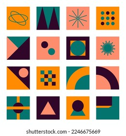 Bauhaus elements. Modern geometric abstract shapes in minimal style. Brutalism basic forms, lines, eye, circles and patterns, art vector set. Colorful figures and dots simple design.