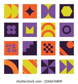 Elementos de Bauhaus. Formas abstractas geométricas modernas con un estilo mínimo. Brutalismo formas básicas, líneas, ojos, círculos y patrones, conjunto de vectores artísticos. Figuras coloridas y puntos de diseño simple.