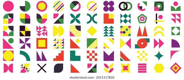 Bauhaus elements. Modern geometric abstract shapes in minimal style. Brutalism basic forms, lines, eye, circles and patterns, art vector set. Isolated color blocks for bauhaus pattern,geometry collage